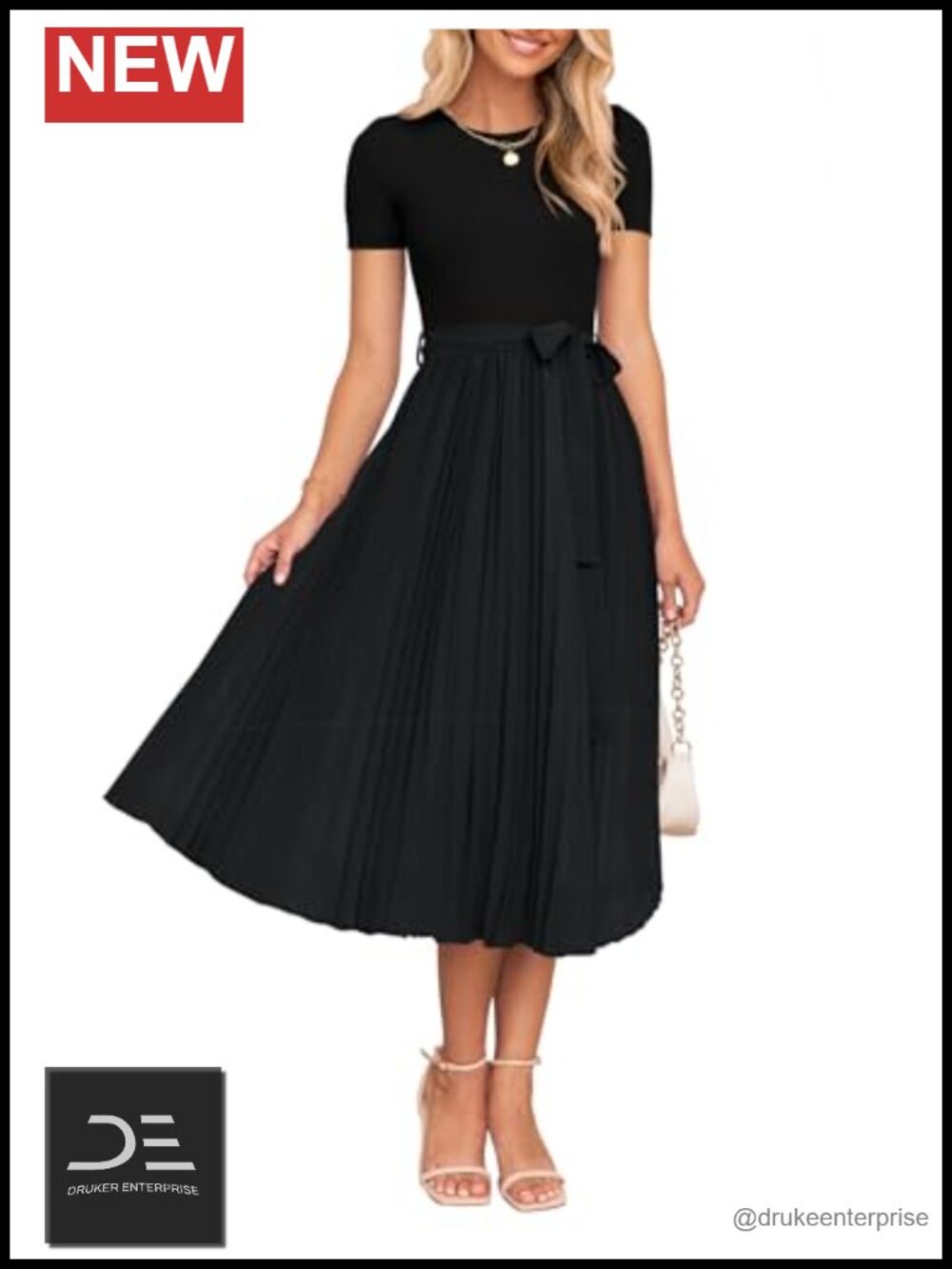 Rib Knit Midi Dress Short Sleeve A-Line Pleated High Waist